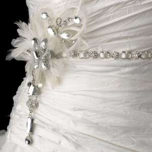Silver Rhinestones & Ivory Pearls Bridal Belt Feather White or Ivory 