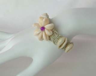 Cowrie Shell Flower, Waxed Cotton Cord Macrame Bracelet  
