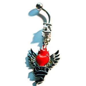    14g Dangle Belly Ring with CZ Gem   Love design 