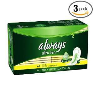 Always Ultra Thin Regular Without Wings, Thin Pads 44 Count (Pack of 3 
