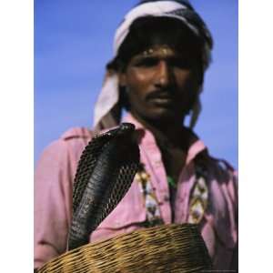 An Indian Snake Charmer Holds a Basket with a King Cobra in It Animals 