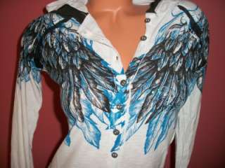   AFFLICTION BLUE FOIL ANGEL WINGS HOODED VUELO BUTTON UP TOP M  