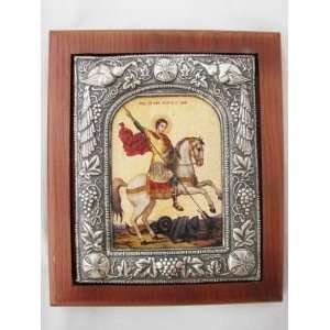 St GEORGE VICTORIOUS Orthodox Icon Linen (Silver Plated Setting, Oak 