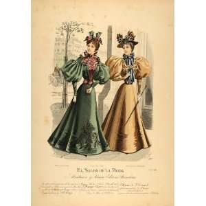 1895 Victorian Lady Street Dress Costume Hat Lithograph   Hand Colored 