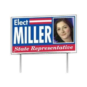   white poster board yard sign with a steel wire frame.