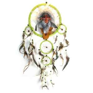 Triple Lime Hoop Dreamcatcher with Indian Chief Head and Headdress, 24 