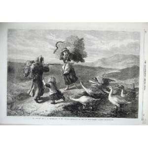   1869 Fine Art Children Country Attacked Geese Scythe