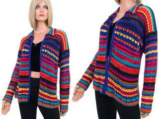 Vtg 80s Rainbow Stripe Cut Out CROCHET Sweater Jacket Zipper Front 