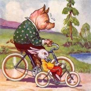  Pig and Rabbit Bicycle Race Vintage Wall Art