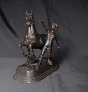 French Bronze Horse & Boy Statue Signed J Daste  