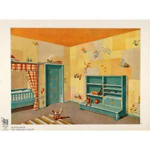 1928 Art Deco Childs Room Bed Wallpaper Design Print   Original Color 