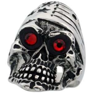  Stainless Steel Skull Ring w/ U.S. Flag Bandana & Flaming Red Eyes 