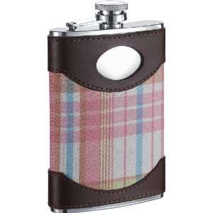    8oz Leather & Plaid Stainless Steel Hip Flask