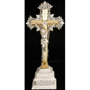   French Religious Metal Standing Crucifix Ornate Lamb Cross Crucifixion