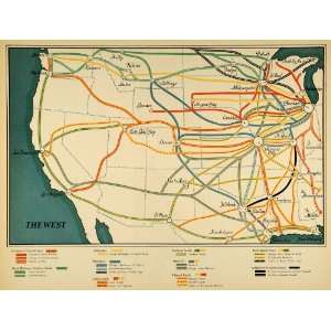  1930 Print Map West Railroad Route Milwaukee Santa Fe Union Pacific 