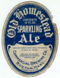 1930s Old Homestead Sparkling Ale U# Label   Boston, MA  