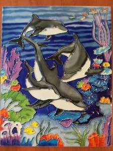 New Handmade Ceramic Tile Wall/Standing Dophins Under the Sea 11x14