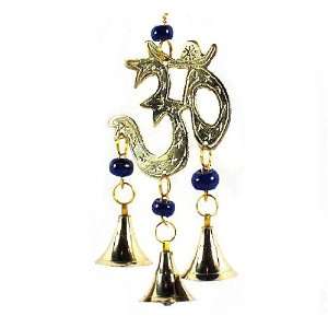 OM YOGA HANGING BELLS ~ Brass w/ Blue Ornaments ~ 9 Long ~ India 