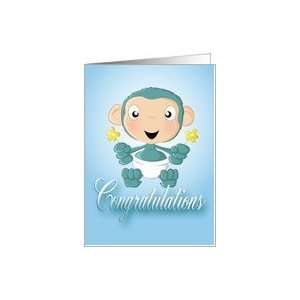 baby chimp   flowers   blue(congratulations) Card