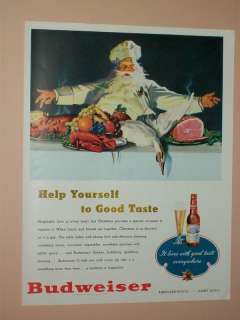 1947 BUDWEISER CHRISTMAS AD W/ SANTA CLAUS BEER & FEAST  