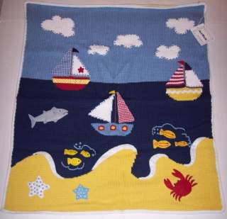 Artwalk Baby Blanket Knit Sailboat Nautical Ocean Beach Boys Blue 