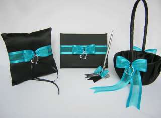 Black Turquoise Flower Girl Basket Pillow Guest Book  