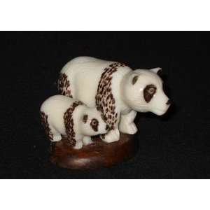  Ivory Panda & Baby Tagua Nut Figurine Carving, 4 x 2 x 2 