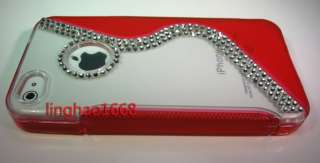 Bling Swarovski Triple Row Red TPU Hard Case Bumper For iPhone 4/4S 