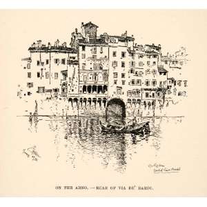 1886 Wood Engraving Via de Bardi Arno River Florence Cityscape Joseph 
