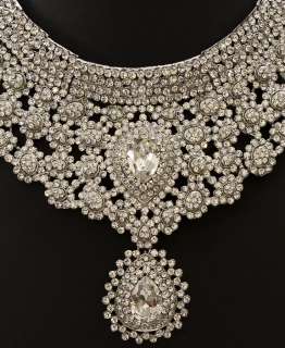   BRIDAL SIMULATED DIAMOND BIG STONE SILVER NECKLACE EARRINGS SET  