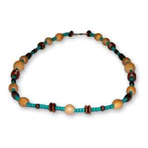   Mixed Beaded Necklace with Olive Wood Beads and Brown and Teal Beads