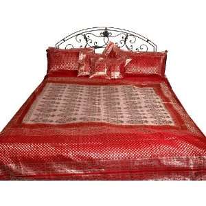 Luxurious Red and Chestnut Banarasi Brocaded Bedcover Woven by Hand in 