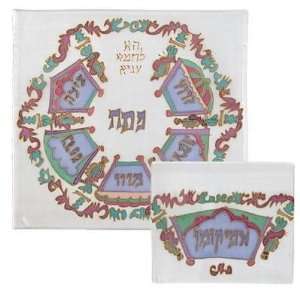  White Seder Painted Silk Matzah Cover Set by Yair Emanuel 