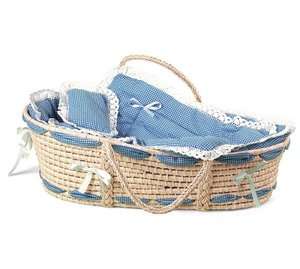 Moses Bassinet Boy Basket Lined with Gingham and Lace  