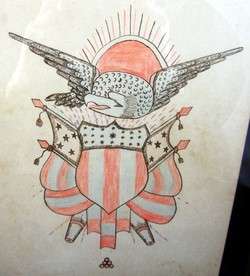 Mid 19th c. Pen & Ink w/color of EAGLE, SHIELD & FLAGS  