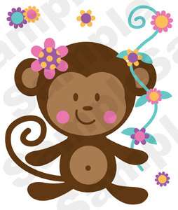   MONKEY BABY NURSERY PINK FLORAL WALL ART MURAL STICKERS DECALS  