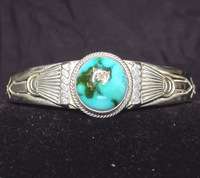 VINTAGE SIGNED L B YAZZIE NAVAJO STERLING SILVER & TURQUOISE CUFF 