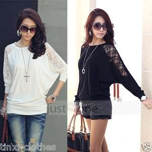 Womens Ladies Loose Batwing Dolman Sleeve Lace Shoulder Casual Tops T 