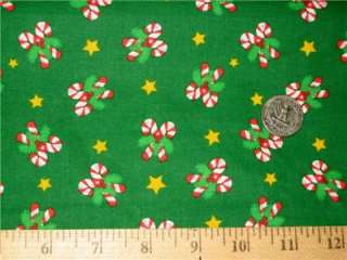 CANDY CANES ON GREEN WITH STARS FABRIC   CHRISTMAS FQ   COTTON   OOP 