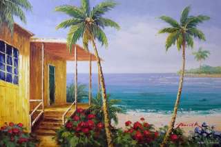 Caribbean Beach House Shack Shore Coconut Palms Surf Ocean 24X36 Oil 