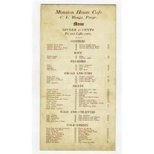 Mansion House Hotel Cafe Menu Hanover Pennsylvania 1920s Advertising 