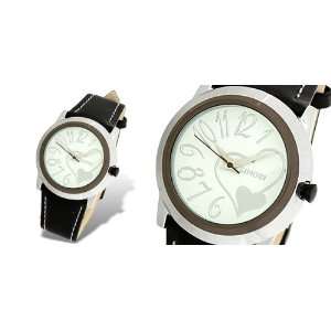   Dial Heart Black Leather Strap Round Ladies Watch