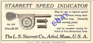 RARE 1910 STARRETT SPEED INDICATOR REVOLUTION ATHOL MA  