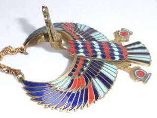 EGYPTIAN REVIVAL PENDANT PHOENIX BENNU BIRD GILT ENAMEL CHAIN NECKLACE 