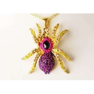 Amethyst Purple Pink Golden Tone Crystal Rhinestones Spider Pendant 