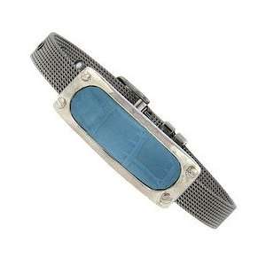  Stainless Steel Blue Leather Mesh Band Bracelet Jewelry