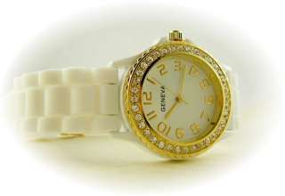 Big Face Ceramic Style Silicone Gel Gold Crystal Watch  