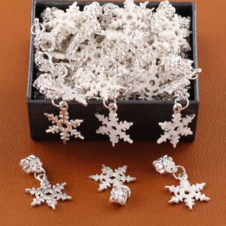 50pcs Snowflake Silver Tone Big Hole Dangle Beads Findings Fit 