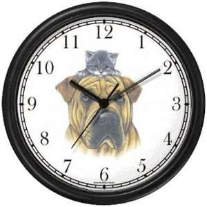  Gray Tabby Kitten on Shar pei JP Dog Wall Clock by 