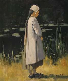 PAINTING OF YOUNG GIRL STANDING BY A POND BY EGOR PONTI  